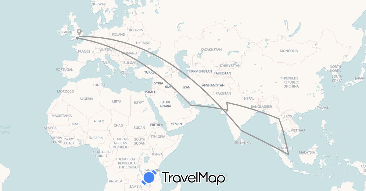TravelMap itinerary: driving, plane in United Arab Emirates, United Kingdom, India, Singapore, Thailand (Asia, Europe)